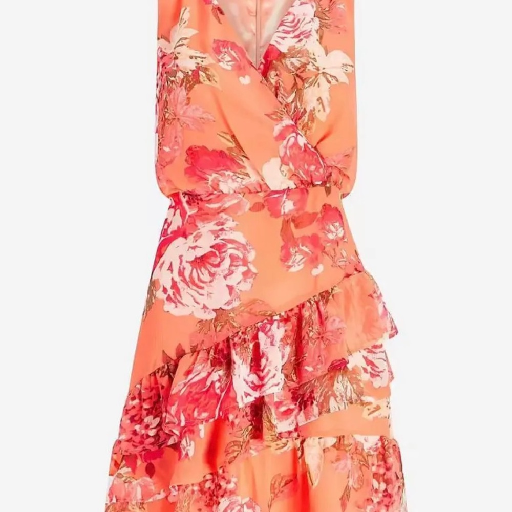 Women’s Express Floral Ruffle Wrap Fit And Flare Dress Size Large Peach Floral* - Picture 6 of 11